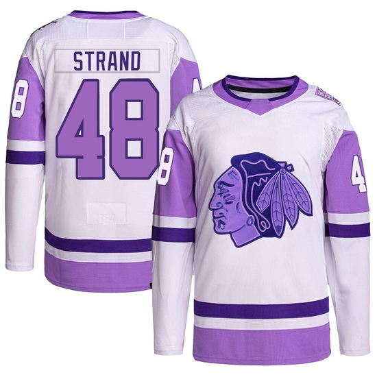 Adidas Austin Strand Chicago Blackhawks Authentic Hockey Fights Cancer Primegreen Jersey - White/Purple