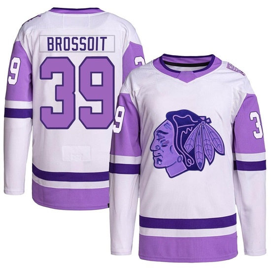 Adidas Laurent Brossoit Chicago Blackhawks Authentic Hockey Fights Cancer Primegreen Jersey - White/Purple