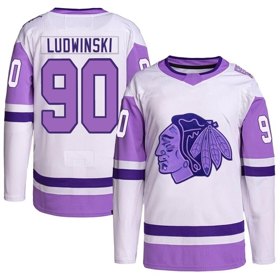 Adidas Paul Ludwinski Chicago Blackhawks Authentic Hockey Fights Cancer Primegreen Jersey - White/Purple