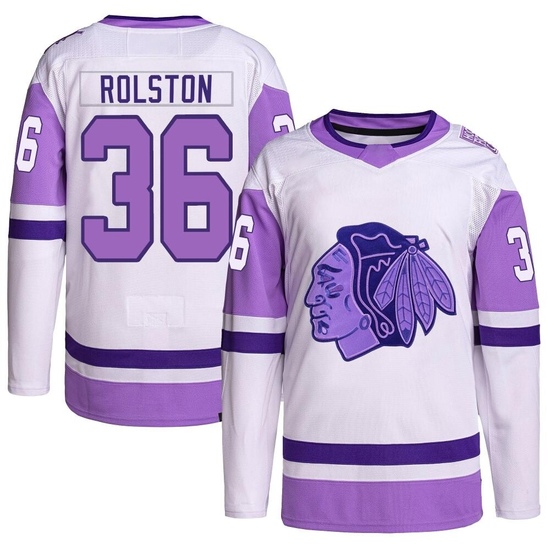 Adidas Ryder Rolston Chicago Blackhawks Authentic Hockey Fights Cancer Primegreen Jersey - White/Purple