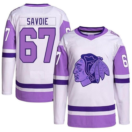 Adidas Samuel Savoie Chicago Blackhawks Authentic Hockey Fights Cancer Primegreen Jersey - White/Purple